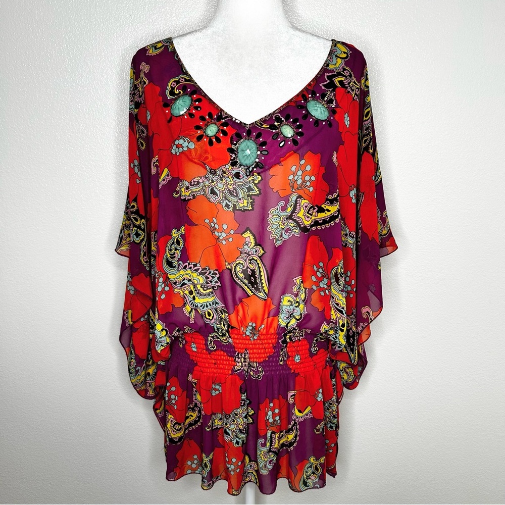 Victorias Secret Womens Multicolor Floral Beaded Poncho Style Tunic Top L/ XL